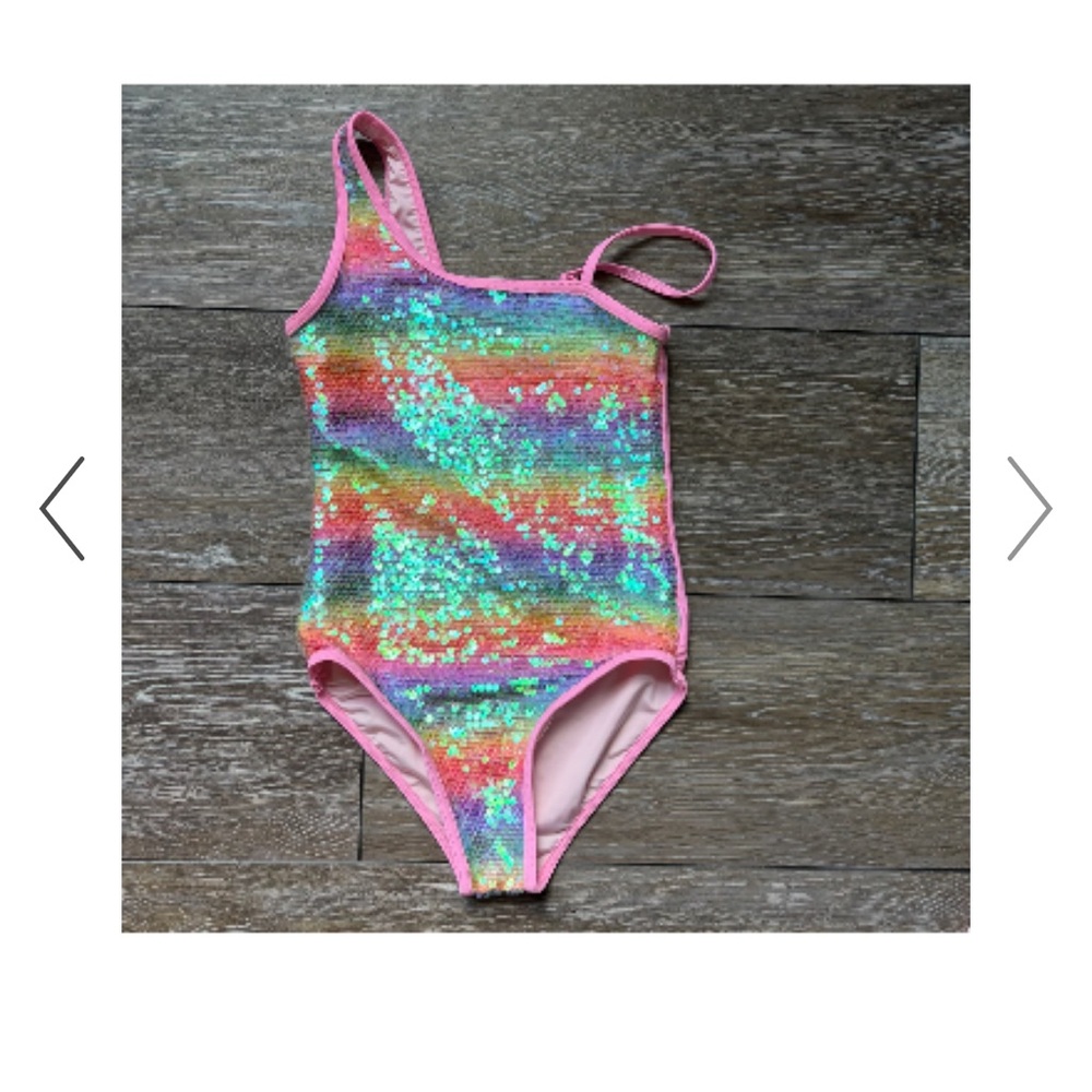 Lola + The Boys Rainbow Sequin One-Piece Swimsuit size 8 with Pink Trim